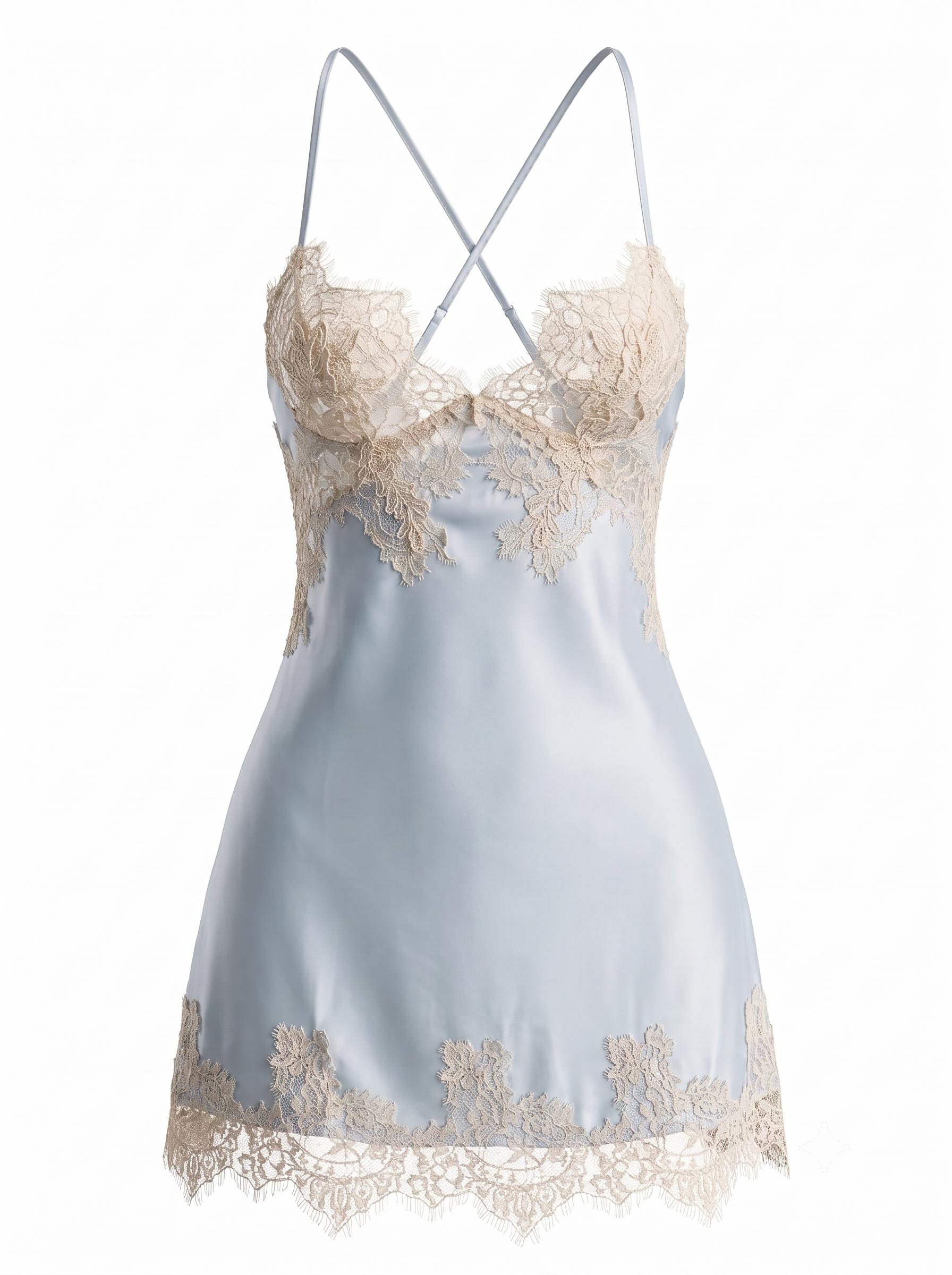 Front product view of the Velvet Fluxe Céleste ice blue satin chemise. Showcasing the sheer champagne eyelash lace bodice, cross straps, and lace-trimmed hem on a pure white background.