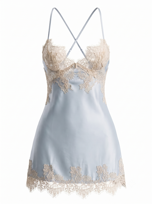 Front product view of the Velvet Fluxe Céleste ice blue satin chemise. Showcasing the sheer champagne eyelash lace bodice, cross straps, and lace-trimmed hem on a pure white background.