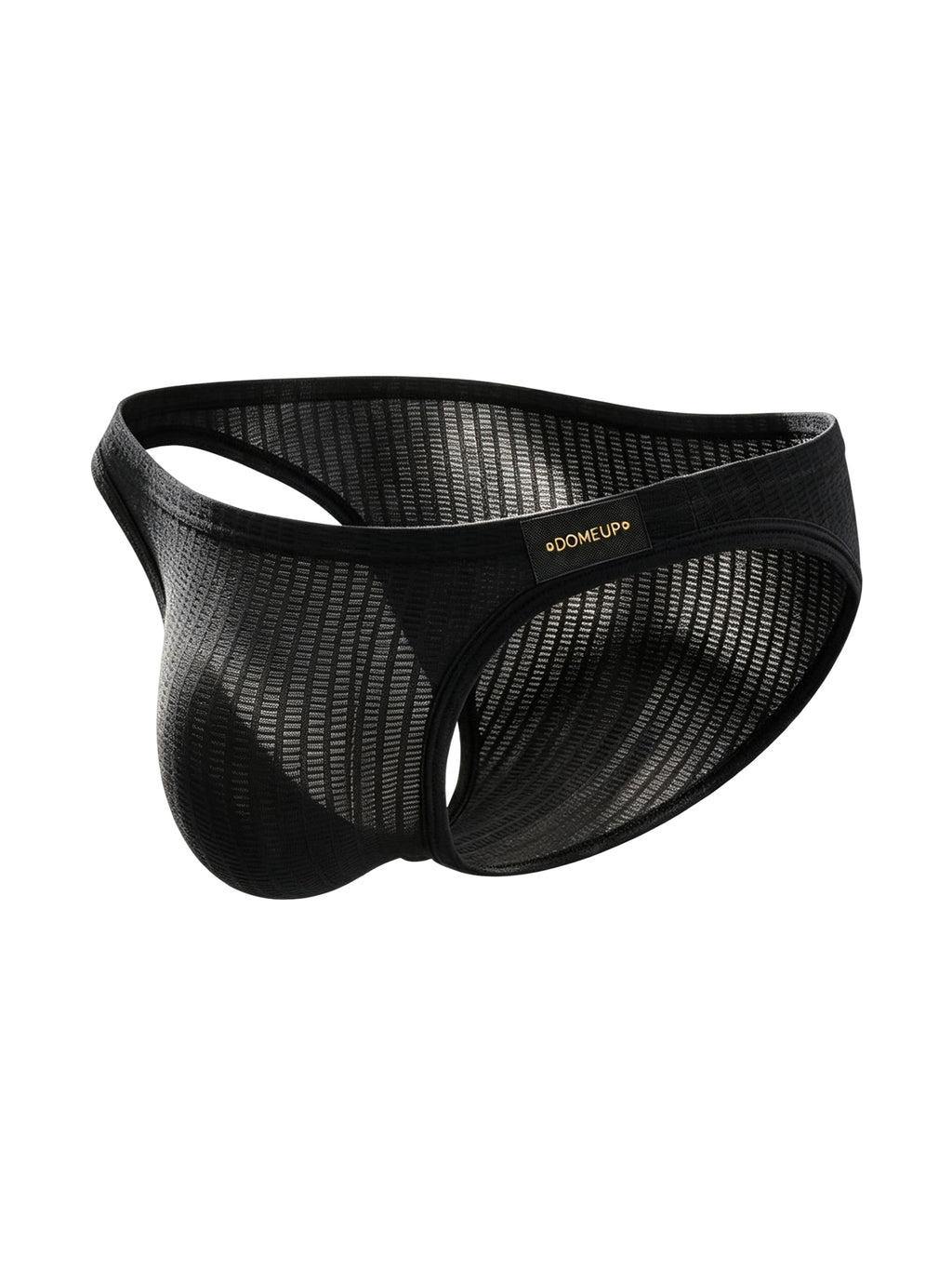 3D ghost mannequin product shot of Velvet Fluxe DOMEUP textured sheer men's briefs in black, featuring the logo patch and mercerized ribbed fabric.