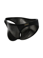 3D ghost mannequin product shot of Velvet Fluxe DOMEUP textured sheer men's briefs in black, featuring the logo patch and mercerized ribbed fabric.
