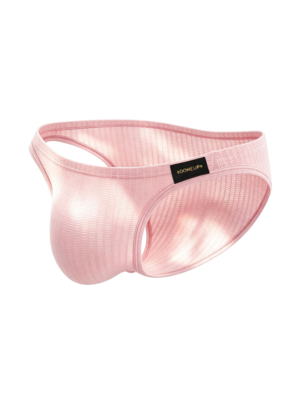3D ghost mannequin product shot of Velvet Fluxe DOMEUP textured sheer men's briefs in pink, featuring the logo patch and mercerized ribbed fabric.