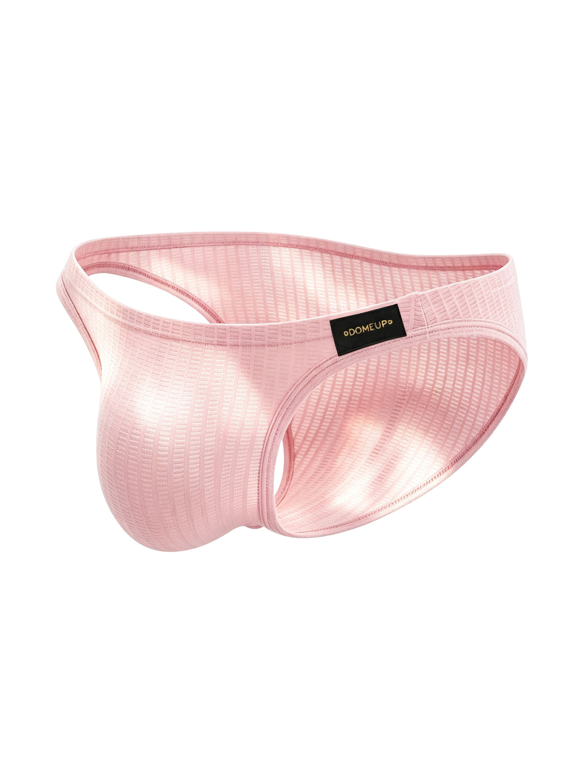 3D ghost mannequin product shot of Velvet Fluxe DOMEUP textured sheer men's briefs in pink, featuring the logo patch and mercerized ribbed fabric.