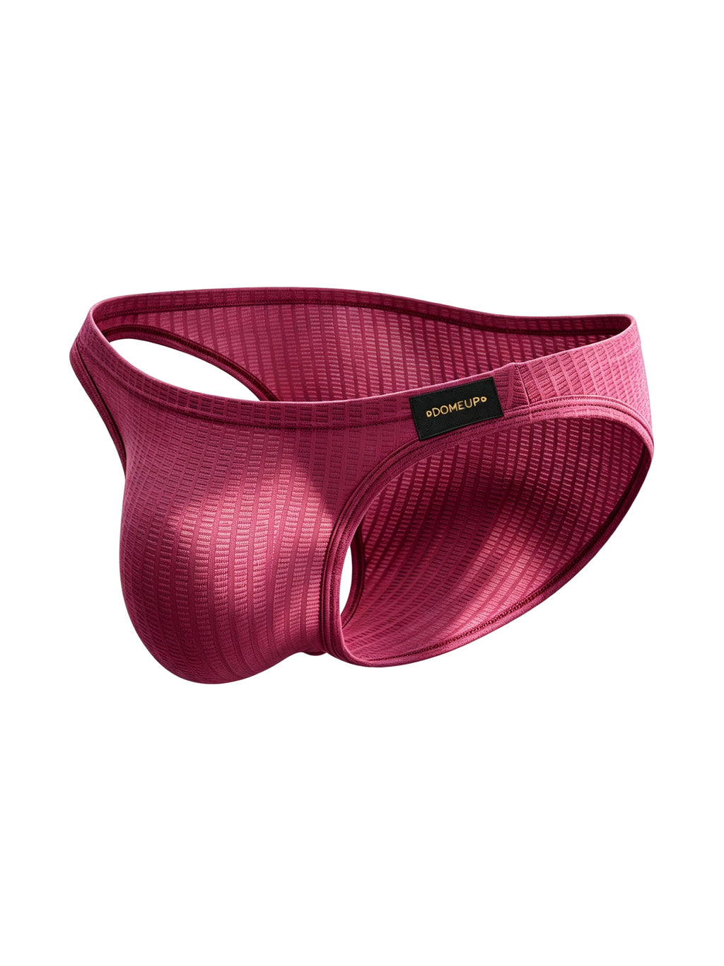 3D ghost mannequin product shot of Velvet Fluxe DOMEUP textured sheer men's briefs in red, featuring the logo patch and mercerized ribbed fabric.
