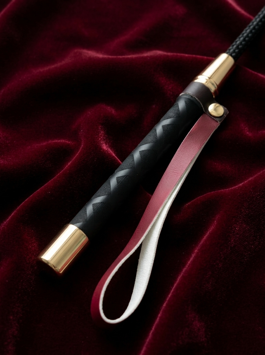 Detail shot of the Velvet Fluxe FELINA cat paw paddle handle. Highlighting the textured black grip, premium gold-tone hardware, and genuine leather wrist loop against a rich red velvet background.