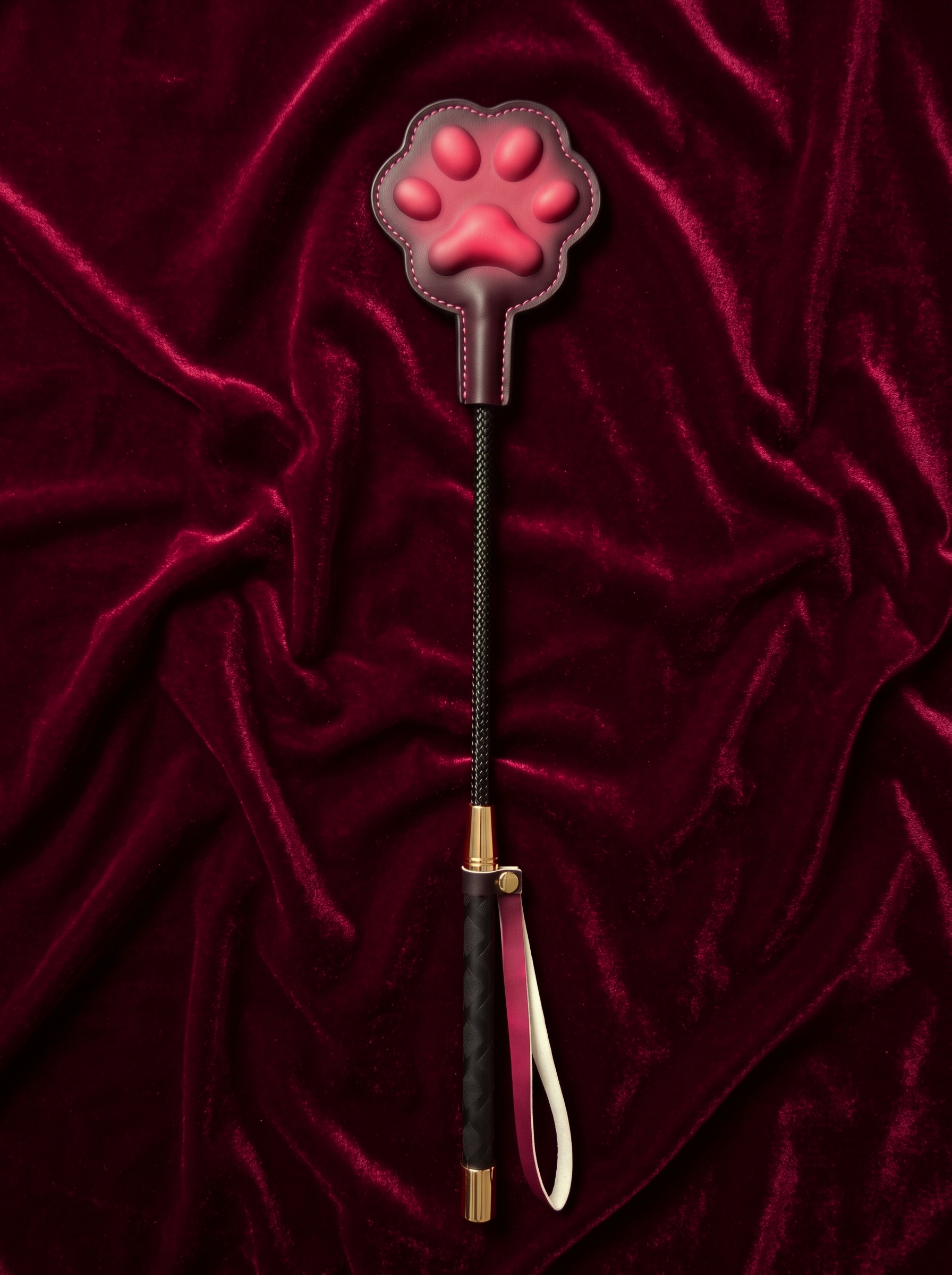 Velvet Fluxe FELINA thermo-reactive cat paw paddle. Full front view displaying the 3D heat-sensitive paw pads, braided stem, and gold hardware against a luxury dark red velvet background.