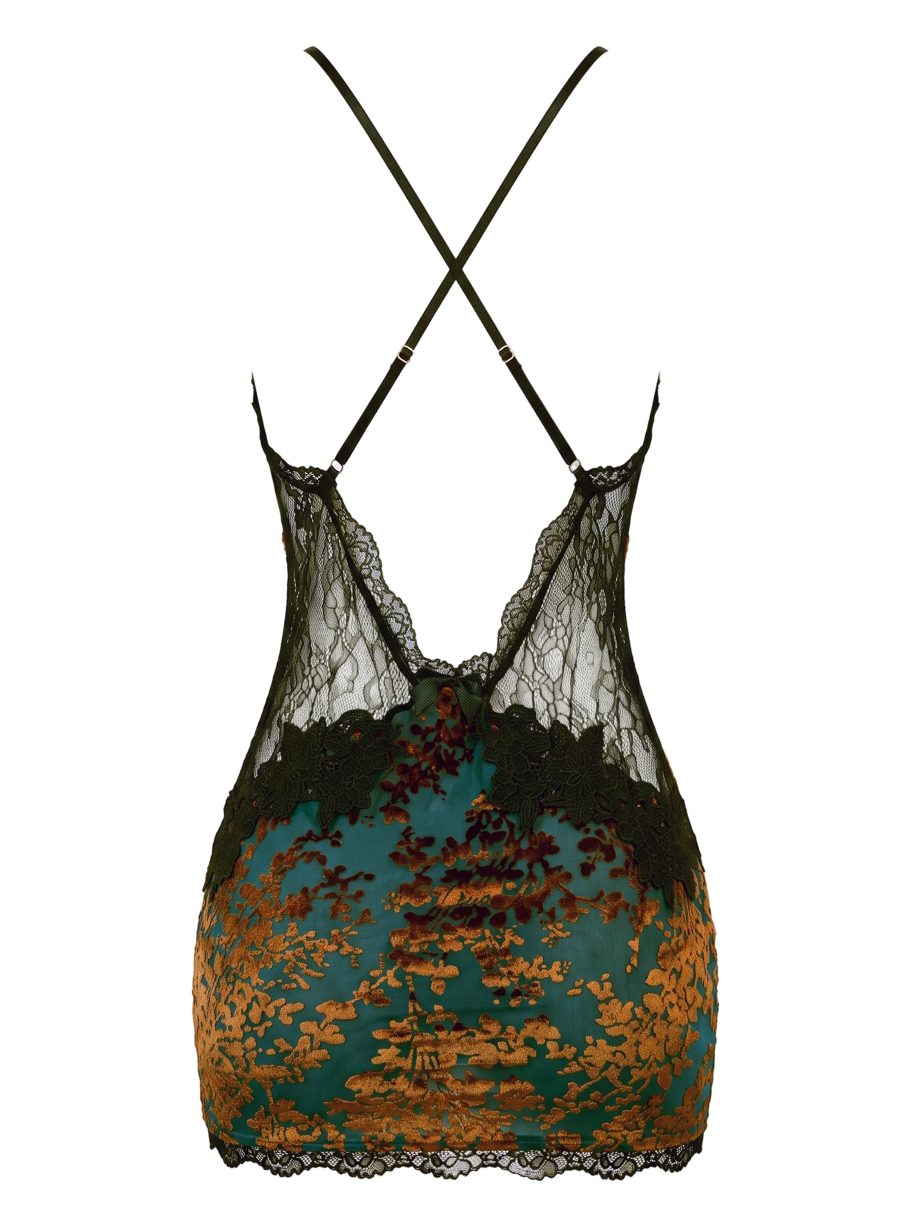 Back flat lay view of the Gilded Emerald Devoré Velvet Slip Dress, clearly displaying the deep V lace back construction, adjustable cross straps, and delicate eyelash lace hem on a white background.