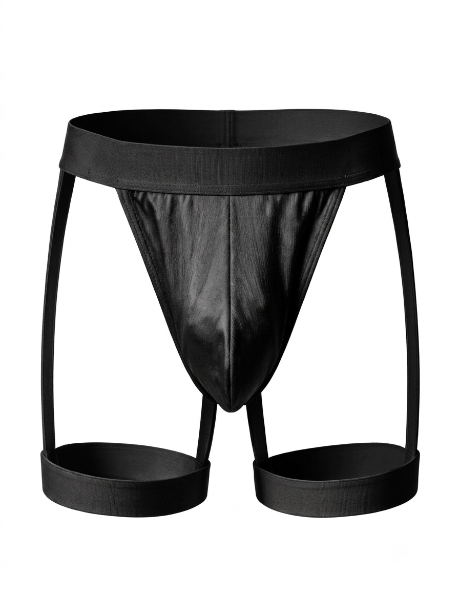 Front 3D product view of the Velvet Fluxe Homme AURUM men's black harness thong on a pure white background. Detailing the lustrous pouch and structural elastic leg bands.