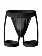 Front 3D product view of the Velvet Fluxe Homme AURUM men's black harness thong on a pure white background. Detailing the lustrous pouch and structural elastic leg bands.