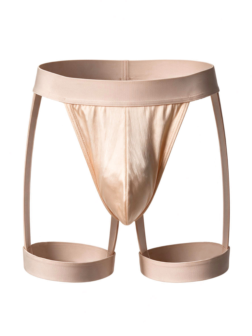 Front 3D product view of the Velvet Fluxe Homme AURUM men's champagne nude harness thong on a pure white background. Highlighting the smooth gilded fabric and integrated thigh straps.