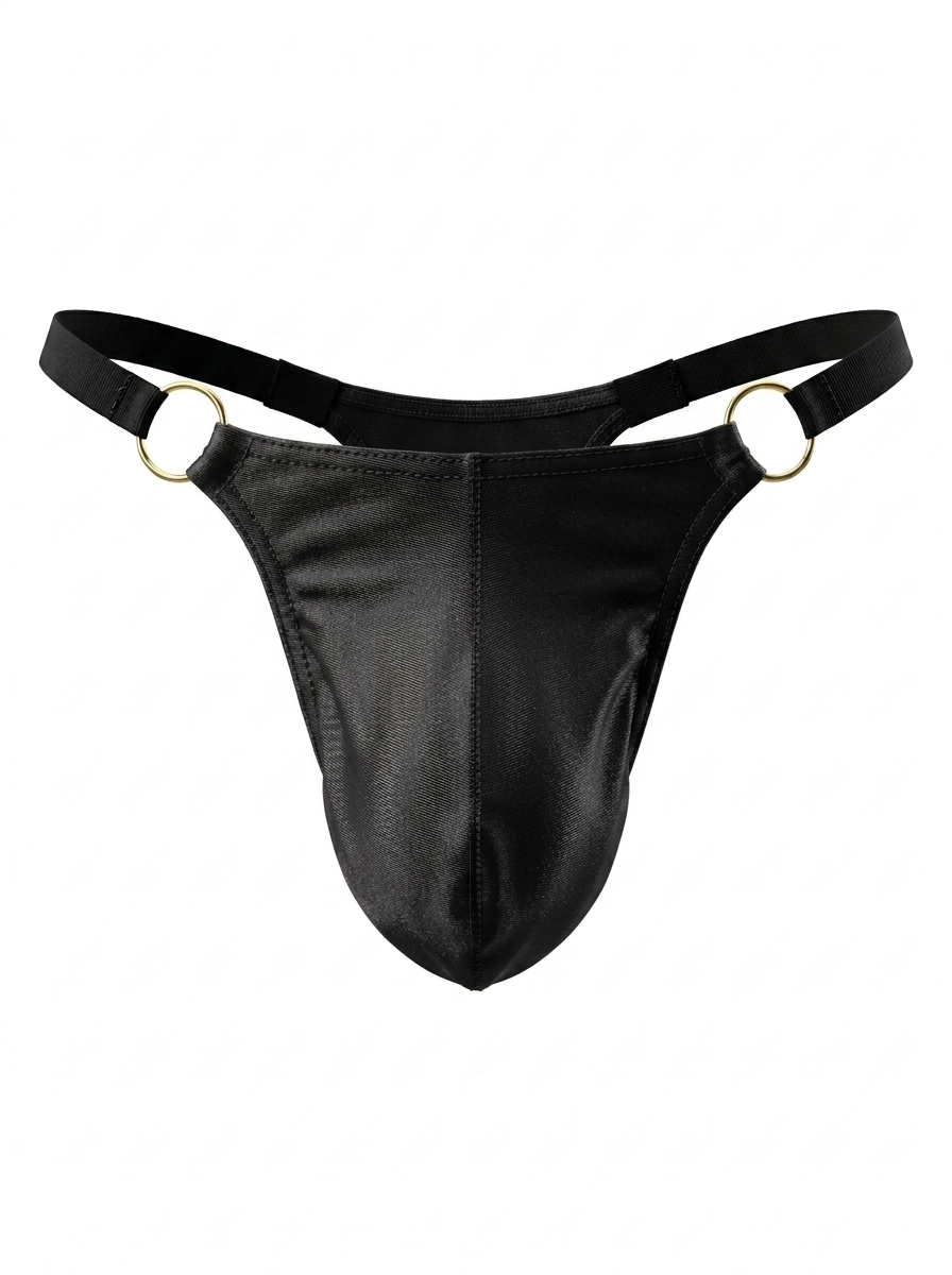 Velvet Fluxe Homme men's obsidian black thong underwear. Front view showcasing the glossy black 3D pouch, gold O-ring hardware, and minimalist black waistband on a clean white background.