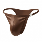 Velvet Fluxe Homme espresso brown ice silk men's thong. Front flat lay view highlighting the glossy cooling fabric, 3D contoured pouch, and unique clear side clasps on a white background.