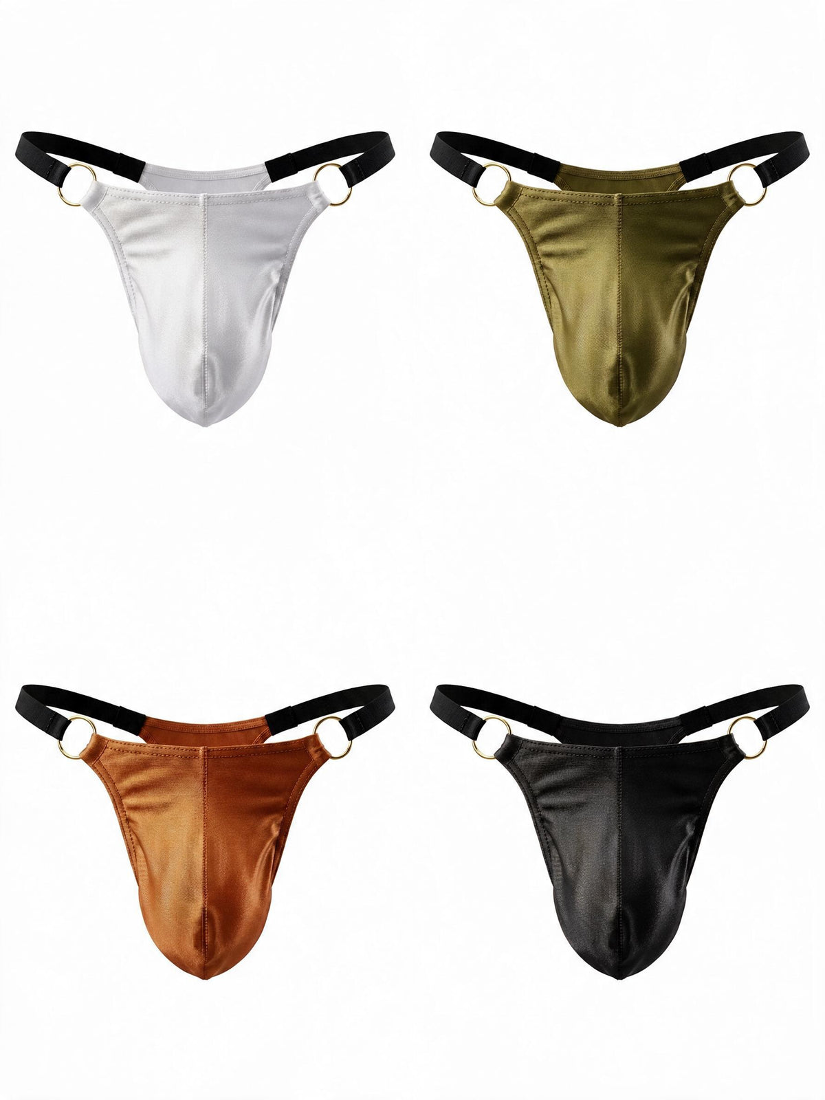 Four Velvet Fluxe Homme men's thong underwear arranged in a 2x2 grid on a white background, featuring the glossy 3D contoured pouch, gold metal O-rings, and black elastic waistband. The four colors shown are white, olive green, rust orange, and black.