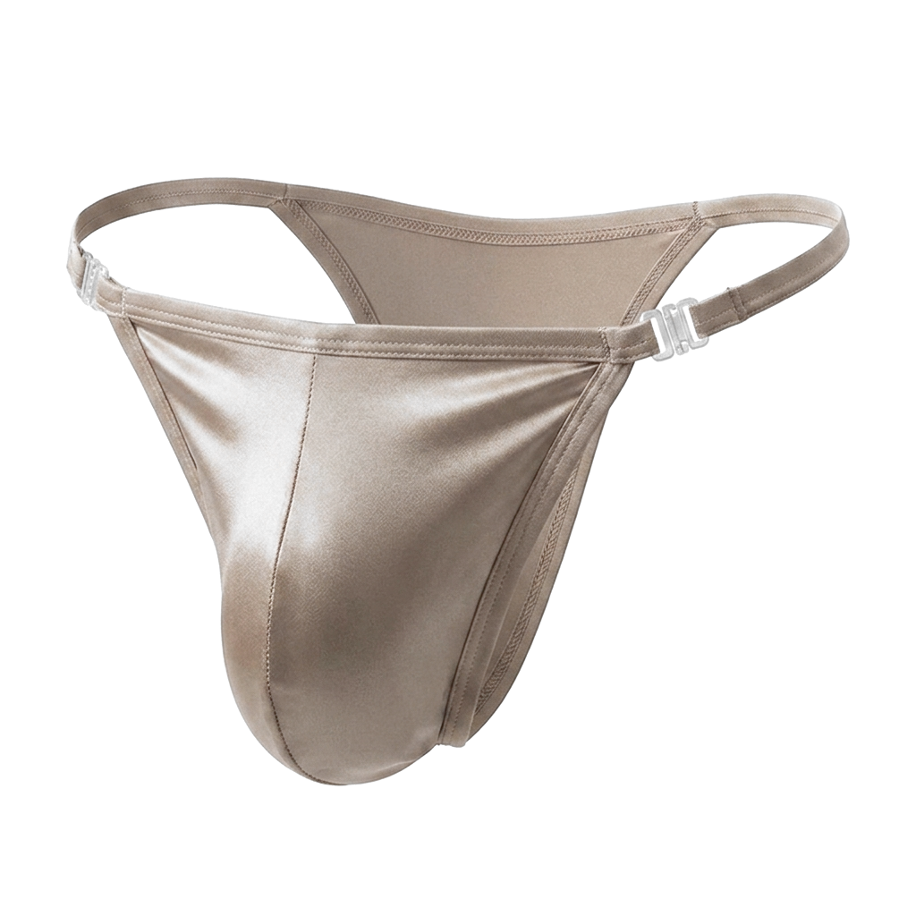 Velvet Fluxe Homme liquid silver ice silk men's thong. Front product view featuring ultra-thin glossy metallic grey fabric, a supportive pouch, and transparent side hardware on a pure white background.