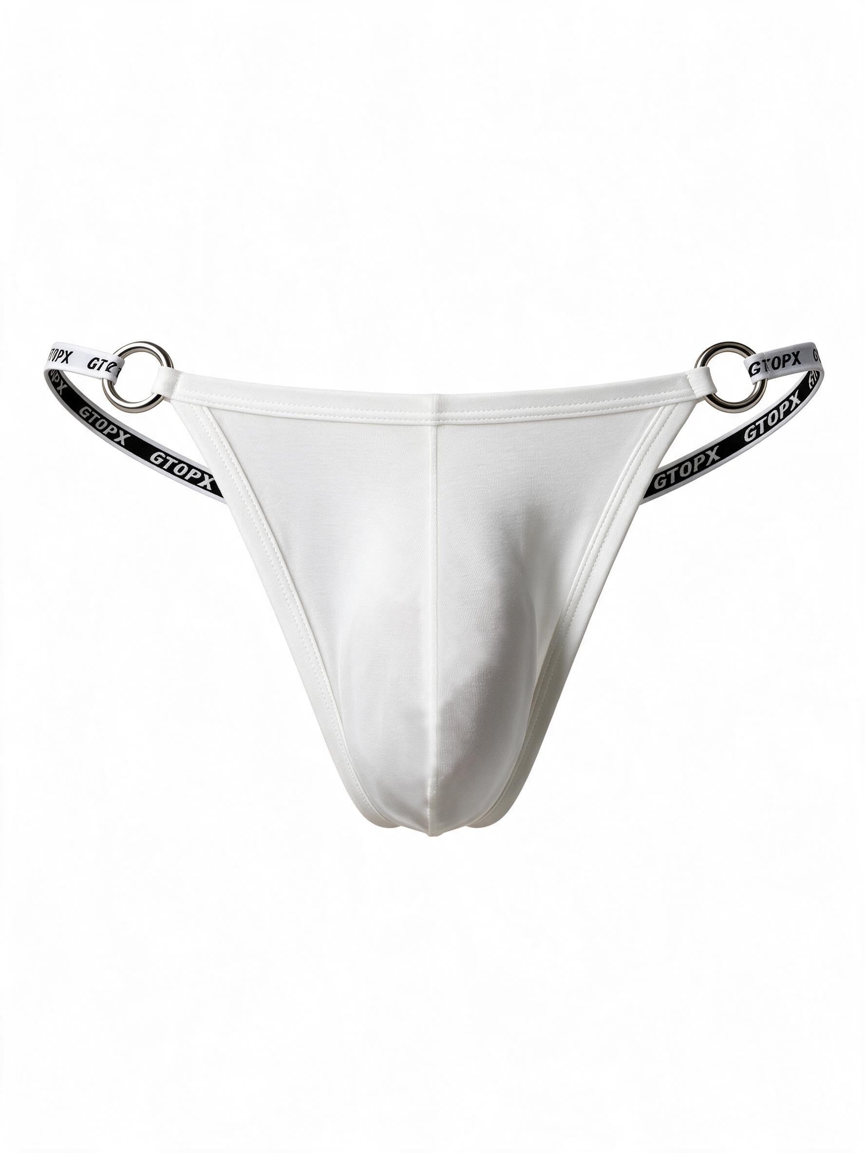Front 3D product view of the Velvet Fluxe Homme LUMEN men's white modal thong on a pure white background. Featuring a soft contoured pouch and striking silver O-ring hardware at the hips.