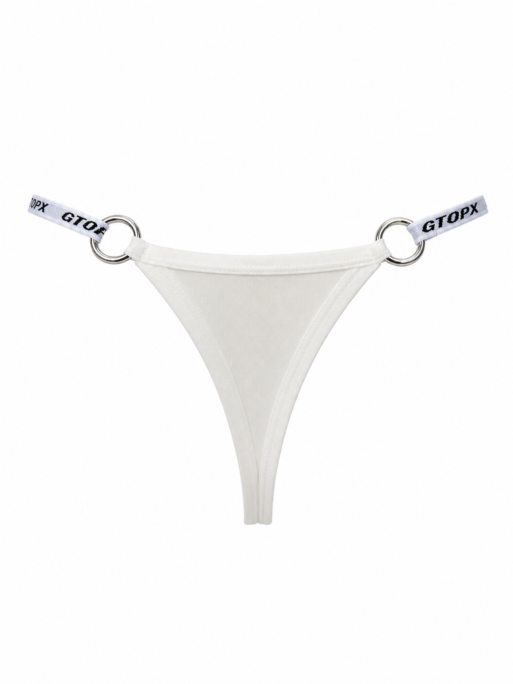 Back product view of the Velvet Fluxe Homme LUMEN white modal O-ring thong on a pure white background. Highlighting the minimalist T-back design and structural metal hip connectors.