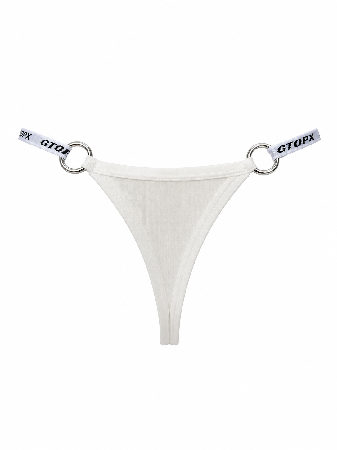 Back product view of the Velvet Fluxe Homme LUMEN white modal O-ring thong on a pure white background. Highlighting the minimalist T-back design and structural metal hip connectors.