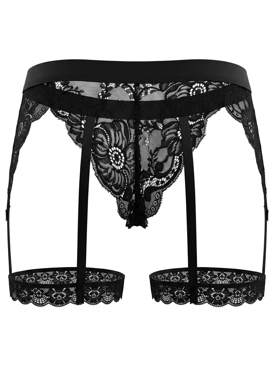 Back product view of the Velvet Fluxe Homme NOIR men's black lace garter underwear. Displaying the sheer cheeky lace cut, scalloped edges, and structural leg harness straps against a pure white background.