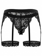 Back product view of the Velvet Fluxe Homme NOIR men's black lace garter underwear. Displaying the sheer cheeky lace cut, scalloped edges, and structural leg harness straps against a pure white background.