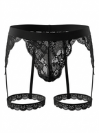 Front product view of the Velvet Fluxe Homme NOIR men's lace harness brief on a pure white background. Featuring sheer black floral lace, a soft elastic waistband, and integrated double leg garters.