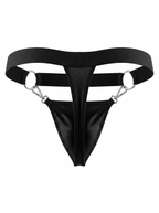 Back product view of the Velvet Fluxe Homme OBSIDIAN detachable pouch thong. Displaying the rear thong strap, elastic harness connections, and heavy-duty silver hardware against a clean white background.