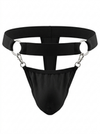Front product view of the Velvet Fluxe Homme OBSIDIAN men's thong on a pure white background. Detailed close-up of the detachable contoured pouch, silver lobster clasps, and structural O-ring harness waistband.