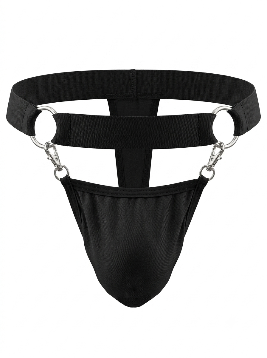 Front product view of the Velvet Fluxe Homme OBSIDIAN men's thong on a pure white background. Detailed close-up of the detachable contoured pouch, silver lobster clasps, and structural O-ring harness waistband.