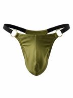 Velvet Fluxe Homme men's olive green thong underwear. Front product view highlighting the glossy 3D contoured pouch, gold metal O-rings, and black elastic waistband on a pure white background.