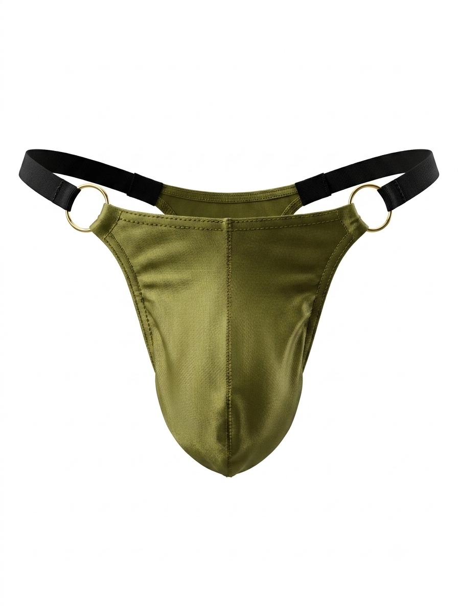 Velvet Fluxe Homme men's olive green thong underwear. Front product view highlighting the glossy 3D contoured pouch, gold metal O-rings, and black elastic waistband on a pure white background.
