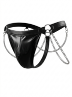 Angled product view of the Velvet Fluxe Homme ONYX wet-look chain thong. Showcasing the 3D contoured glossy black pouch, metallic silver O-ring connectors, and draped side chains against a white background.