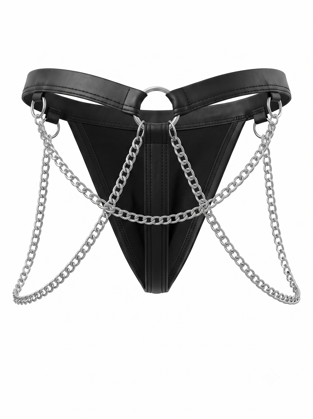 Back view of the Velvet Fluxe Homme ONYX men's thong on a pure white background. Detailing the black faux-leather waistband, silver O-rings, and heavy silver hardware chains draped across the rear.