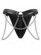 Back view of the Velvet Fluxe Homme ONYX men's thong on a pure white background. Detailing the black faux-leather waistband, silver O-rings, and heavy silver hardware chains draped across the rear.