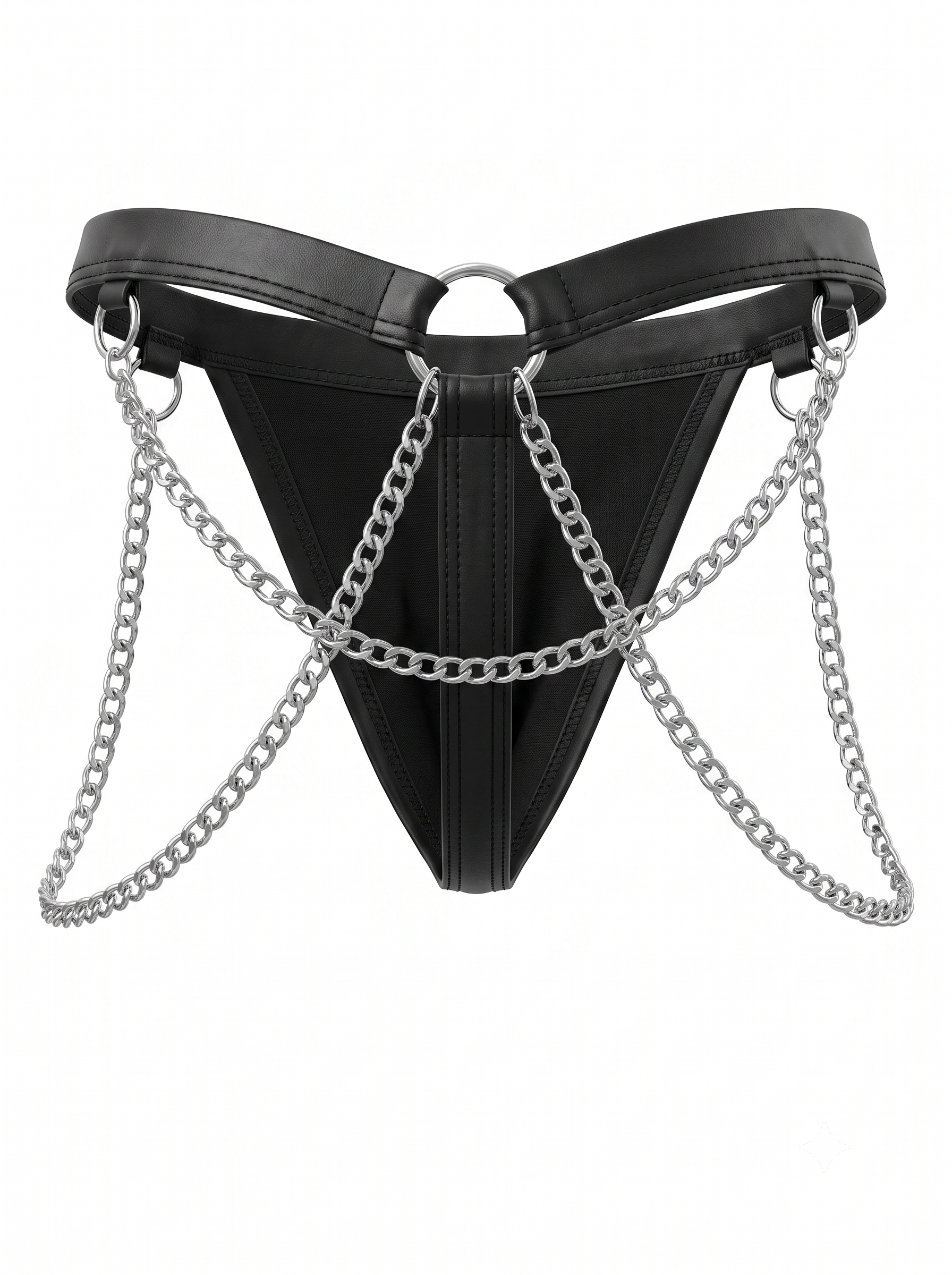 Back view of the Velvet Fluxe Homme ONYX men's thong on a pure white background. Detailing the black faux-leather waistband, silver O-rings, and heavy silver hardware chains draped across the rear.
