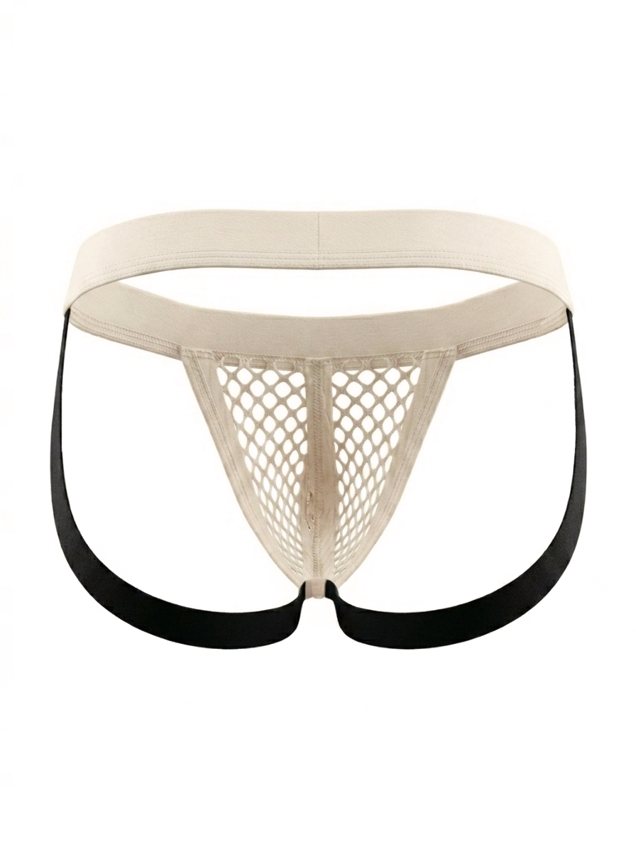 Back product view of the Velvet Fluxe Homme RÉSEAU beige mesh jockstrap. Displaying the double elastic support straps and classic open back design on a pure white background.