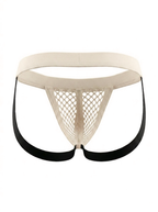Back product view of the Velvet Fluxe Homme RÉSEAU beige mesh jockstrap. Displaying the double elastic support straps and classic open back design on a pure white background.