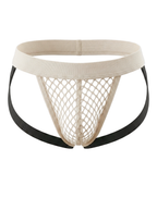Front 3D product view of the Velvet Fluxe Homme RÉSEAU men's mesh jockstrap in beige. Detailed look at the wide waistband and structural fishnet front pouch on a white background.