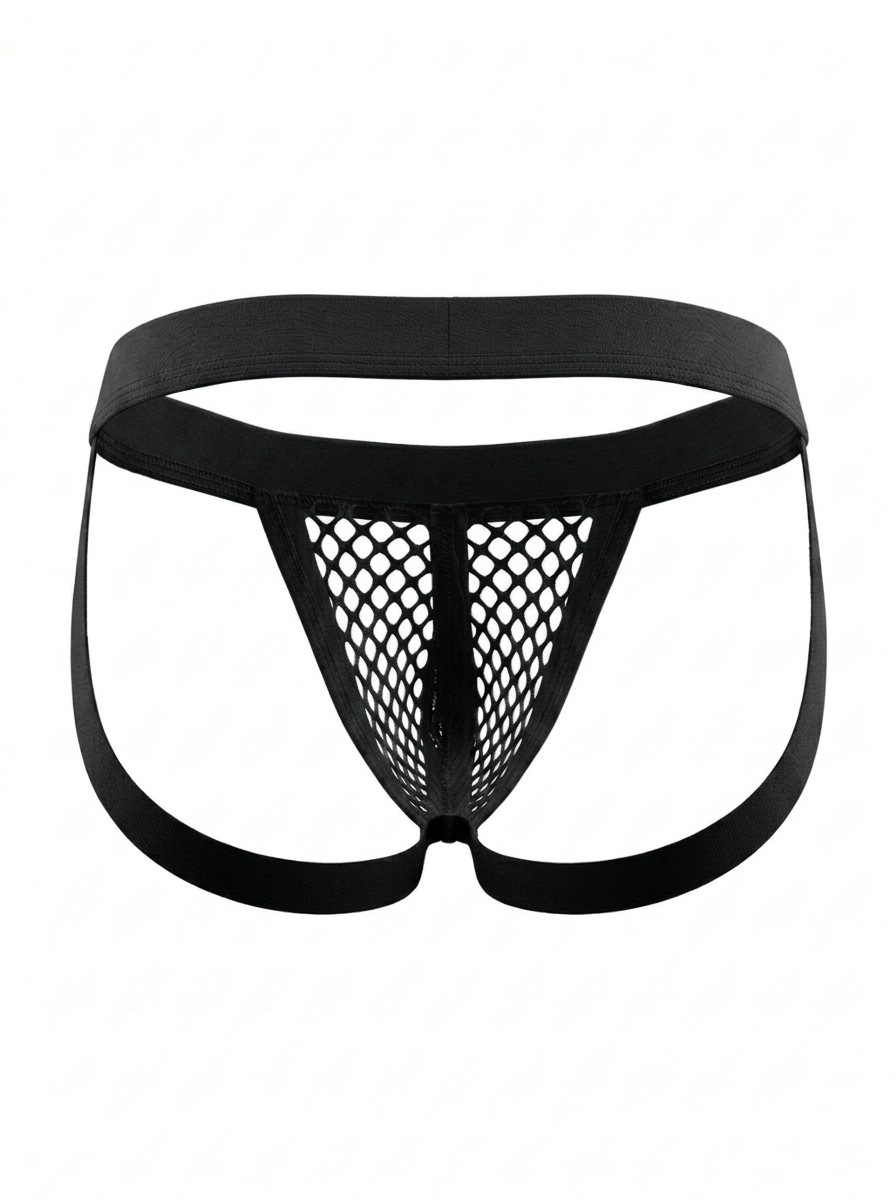 Back product view of the Velvet Fluxe Homme RÉSEAU black mesh jockstrap. Showcasing the minimalist double elastic straps and provocative open back construction on a white background.