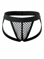 Front 3D product view of the Velvet Fluxe Homme RÉSEAU black mesh jockstrap. Highlighting the bold fishnet front pouch and supportive elastic waistband on a white background.