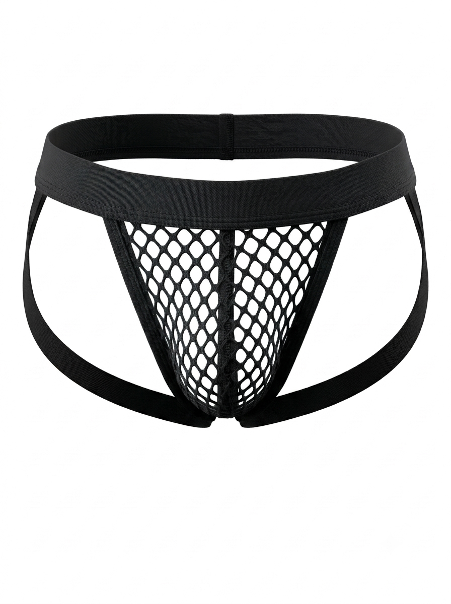 Front 3D product view of the Velvet Fluxe Homme RÉSEAU black mesh jockstrap. Highlighting the bold fishnet front pouch and supportive elastic waistband on a white background.