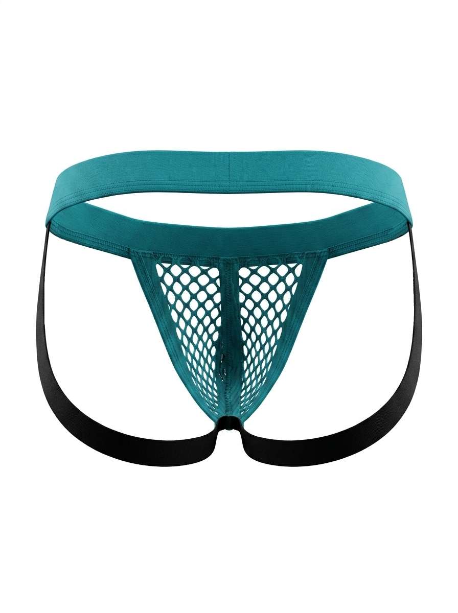 Back product view of the Velvet Fluxe Homme RÉSEAU teal mesh jockstrap. Displaying the striking two-tone design with a teal waistband and contrast black double elastic support straps on a white background.