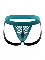 Back product view of the Velvet Fluxe Homme RÉSEAU teal mesh jockstrap. Displaying the striking two-tone design with a teal waistband and contrast black double elastic support straps on a white background.