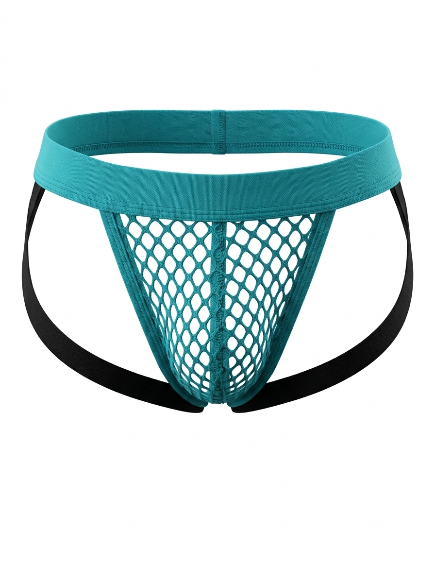 Front 3D product view of the Velvet Fluxe Homme RÉSEAU men's mesh jockstrap in abyss teal. Featuring a sheer, breathable fishnet pouch and wide supportive elastic waistband on a pure white background.