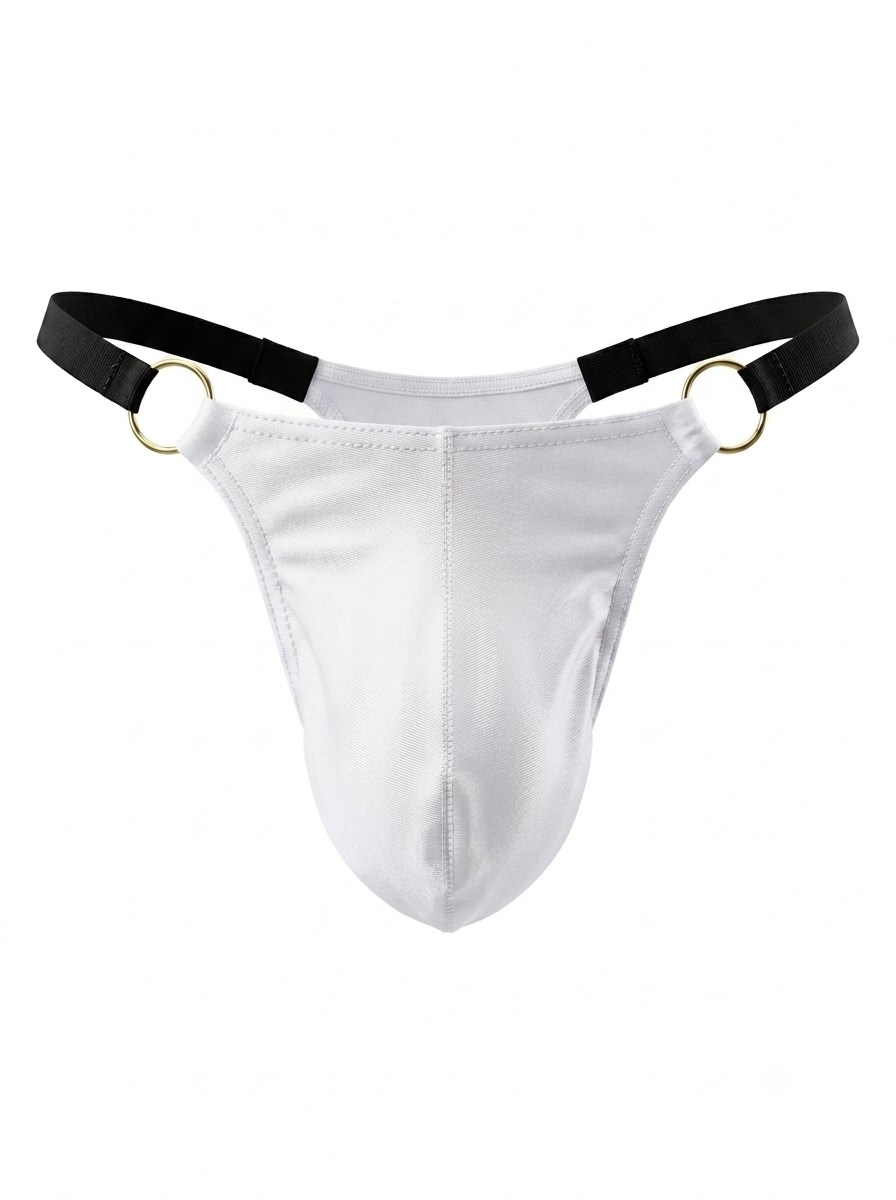 Velvet Fluxe Homme men's stark white thong underwear. Front view highlighting the glossy 3D contoured pouch, premium gold metal O-rings, and contrasting black elastic straps on a white background.