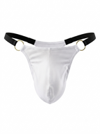 Velvet Fluxe Homme men's stark white thong underwear. Front view highlighting the glossy 3D contoured pouch, premium gold metal O-rings, and contrasting black elastic straps on a white background.