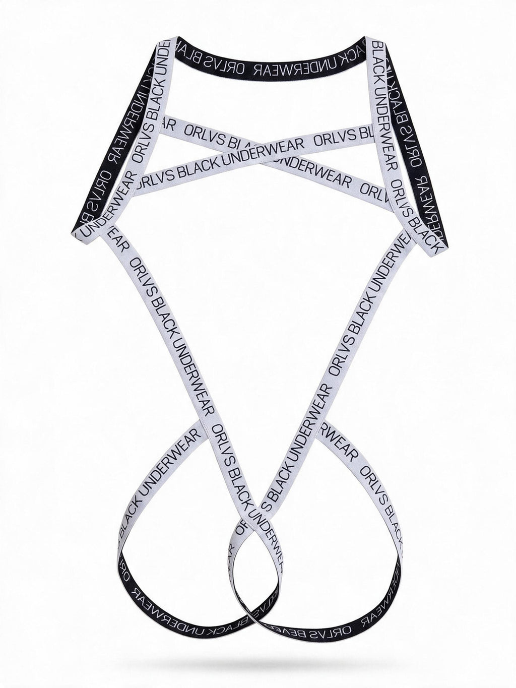 Flat lay product shot of the white men's elastic harness with black lettering, highlighting the durable webbing material and criss-cross construction on a white background.