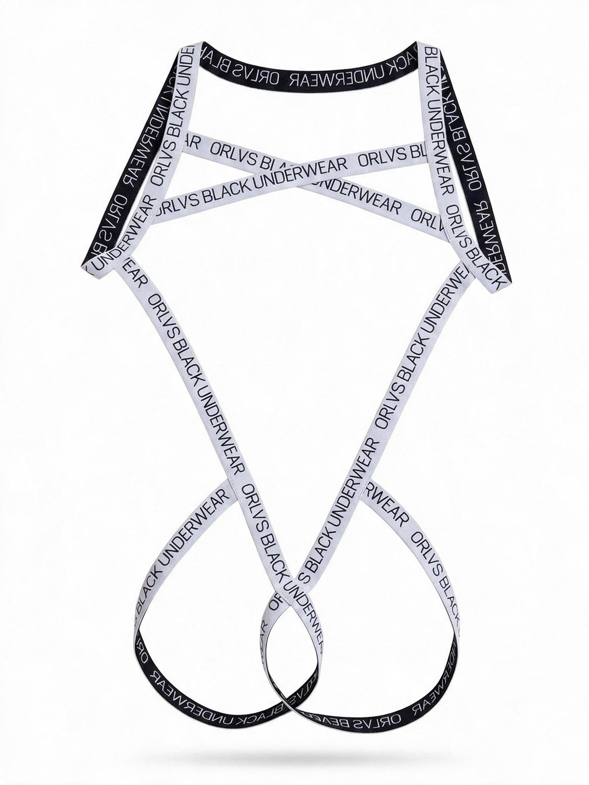 Flat lay product shot of the white men's elastic harness with black lettering, highlighting the durable webbing material and criss-cross construction on a white background.